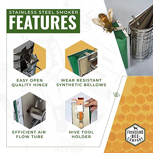 Foxhound Bee Co Stainless Steel 11-inch Smoker for Beekeeping with Heat Chamber, Burn Shield, Green Bellow and Heavy Duty Features for Producing Smoke when Working Bee Hives