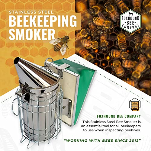 Foxhound Bee Co Stainless Steel 11-inch Smoker for Beekeeping with Heat Chamber, Burn Shield, Green Bellow and Heavy Duty Features for Producing Smoke when Working Bee Hives