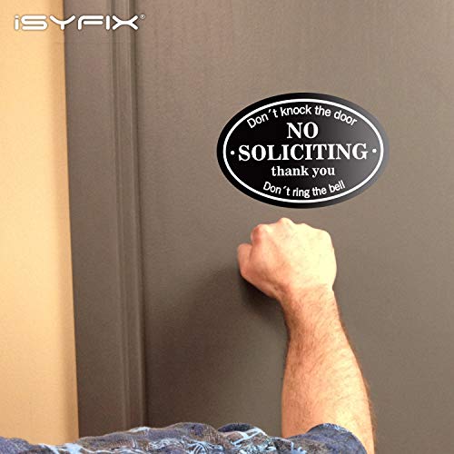 iSYFIX No Soliciting Sign Sticker for House, Home & Business - 4 Pack 7x4.6 inch - Premium Self-Adhesive Vinyl, Laminated for Ultimate UV, Weather, Scratch, Water and Fade Resistance, Indoor & Outdoor