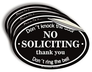 isyfix no soliciting sign sticker for house, home & business - 4 pack 7x4.6 inch - premium self-adhesive vinyl, laminated for ultimate uv, weather, scratch, water and fade resistance, indoor & outdoor