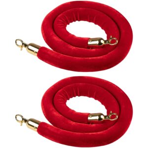 set of 2 red velvet stanchion rope, 5-foot crowd control barriers with polished gold hooks
