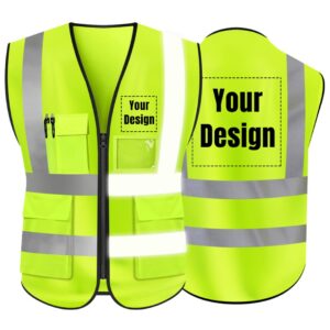 yoweshop high visibility safety vest custom your logo protective workwear 5 pockets with reflective strips outdoor work vest (neon yellow xl)