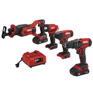 skil 4-tool kit: 20v cordless drill driver, impact driver, reciprocating saw and led spotlight, includes two 2.0ah lithium batteries and one charger - cb739601, white