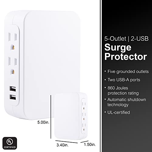 GE Pro 5-Outlet Extender with 2 USB Ports, Surge Protector, Side Access, Wall Tap Adapter, 3-Prong, 860 Joules, 2.4 AMP/12 Watt Ultra-Charge, Warranty, UL Listed, White, 39670