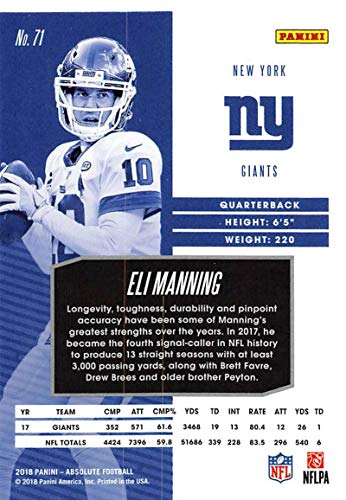 2018 Panini Absolute #71 Eli Manning NY Giants