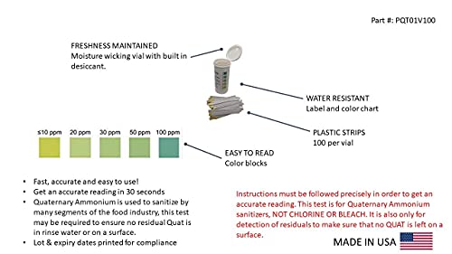 Low Level Residual Quaternary Ammonium (QAC, Multi Quat) Test Strips, 0-100 ppm [Vial of 100 Strips]