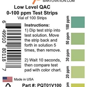 Low Level Residual Quaternary Ammonium (QAC, Multi Quat) Test Strips, 0-100 ppm [Vial of 100 Strips]