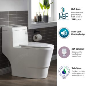 WOODBRIDGE One Piece Toilet with Soft Closing Seat, Chair Height, 1.28 GPF Dual, Water Sensed, 1000 Gram MaP Flushing Score Toilet with Chrome Button T0001-CH, White