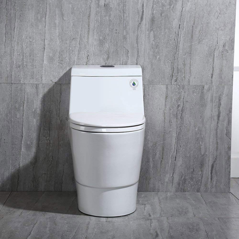 WOODBRIDGE One Piece Toilet with Soft Closing Seat, Chair Height, 1.28 GPF Dual, Water Sensed, 1000 Gram MaP Flushing Score Toilet with Chrome Button T0001-CH, White