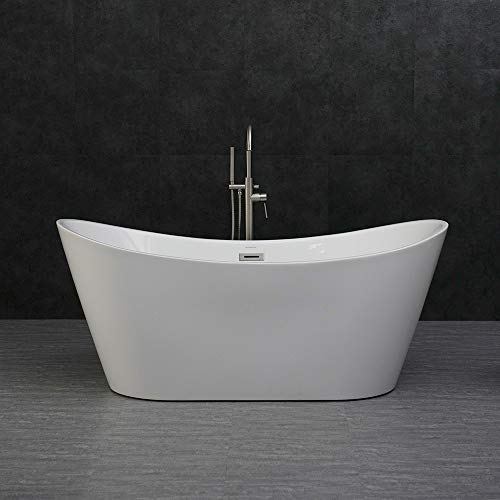 WOODBRIDGE 67" Acrylic Freestanding Bathtub Contemporary Soaking White Tub with Brushed Nickel Overflow and Drain，B-0010