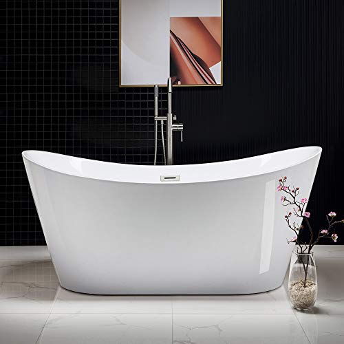 WOODBRIDGE 67" Acrylic Freestanding Bathtub Contemporary Soaking White Tub with Brushed Nickel Overflow and Drain，B-0010