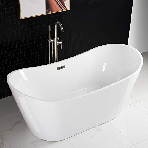 WOODBRIDGE 67" Acrylic Freestanding Bathtub Contemporary Soaking White Tub with Brushed Nickel Overflow and Drain，B-0010