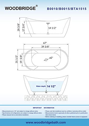 WOODBRIDGE 67" Acrylic Freestanding Bathtub Contemporary Soaking White Tub with Brushed Nickel Overflow and Drain，B-0010