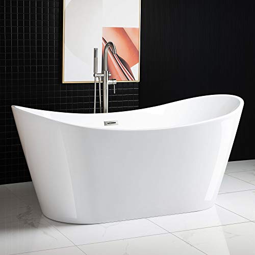 WOODBRIDGE 67" Acrylic Freestanding Bathtub Contemporary Soaking White Tub with Brushed Nickel Overflow and Drain，B-0010