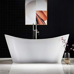 WOODBRIDGE 67" Acrylic Freestanding Bathtub Contemporary Soaking White Tub with Brushed Nickel Overflow and Drain，B-0010