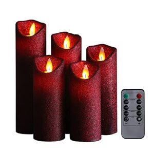 kitch aroma burgundy red glitter flickering flameless candles set of 5(h 5"/5.5"/6"/7"/8" xd 2.2") christmas red powder candle fllickering flameless candles home decor