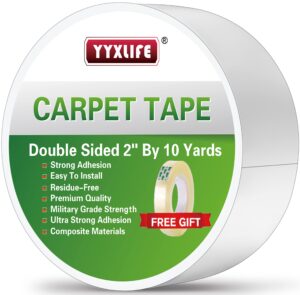 yyxlife double sided carpet tape for area rugs carpet adhesive removable multi-purpose rug tape cloth for hardwood floors, carpets heavy duty sticky tape, 2 inch x 10 yards, white
