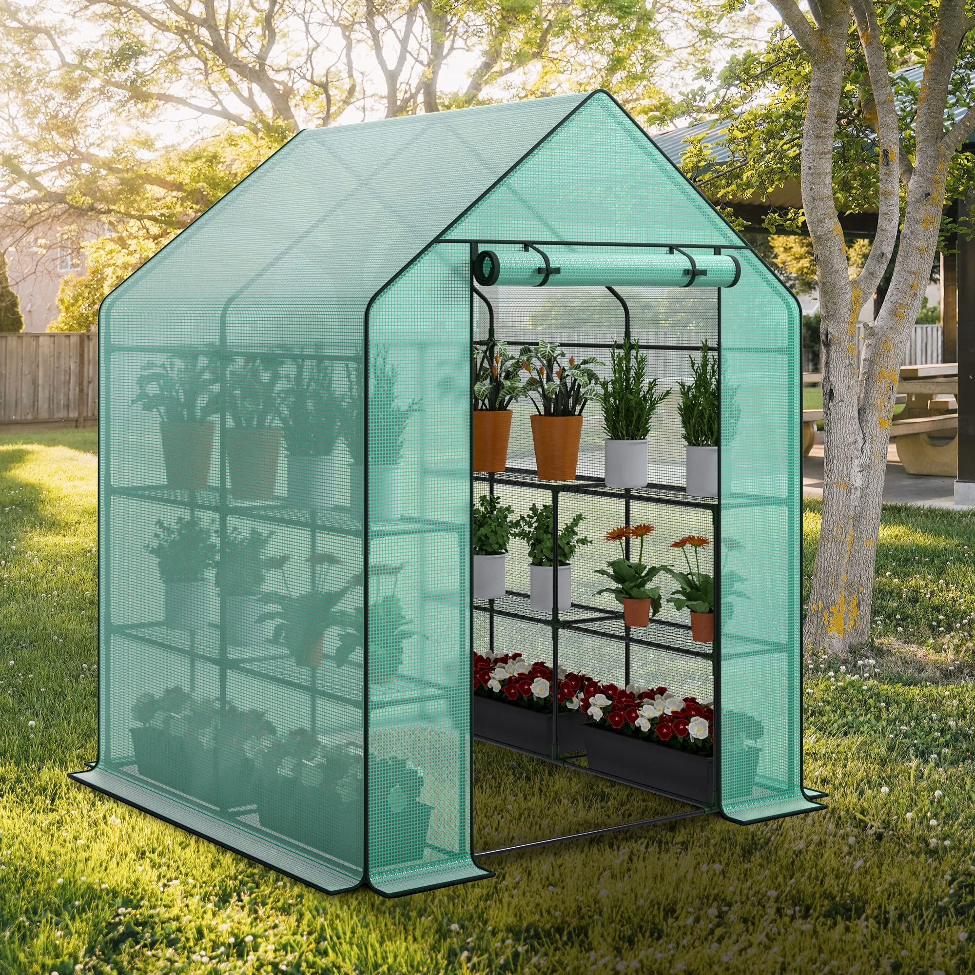 Nova Microdermabrasion Walk-in Greenhouse for Outdoors, 57 x 57 x 77 inch, Portable PE Cover Greenhouse with Anchors and Ropes Indoor Outdoor-3 Tier 8 Wired Shelves Plant Gardening Hot House