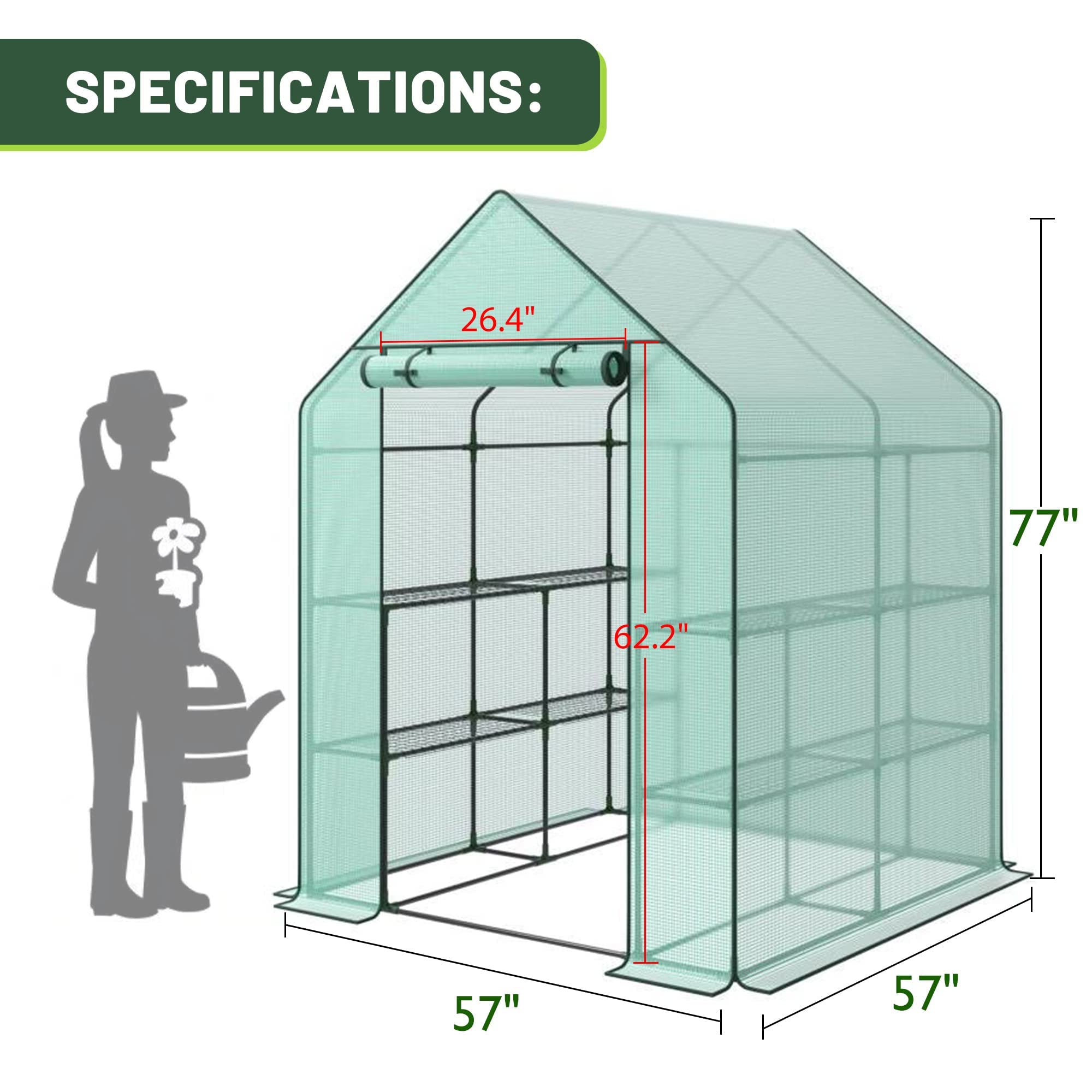 Nova Microdermabrasion Walk-in Greenhouse for Outdoors, 57 x 57 x 77 inch, Portable PE Cover Greenhouse with Anchors and Ropes Indoor Outdoor-3 Tier 8 Wired Shelves Plant Gardening Hot House