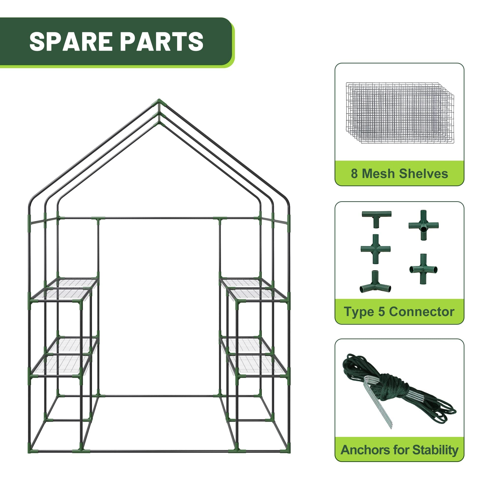 Nova Microdermabrasion Walk-in Greenhouse for Outdoors, 57 x 57 x 77 inch, Portable PE Cover Greenhouse with Anchors and Ropes Indoor Outdoor-3 Tier 8 Wired Shelves Plant Gardening Hot House