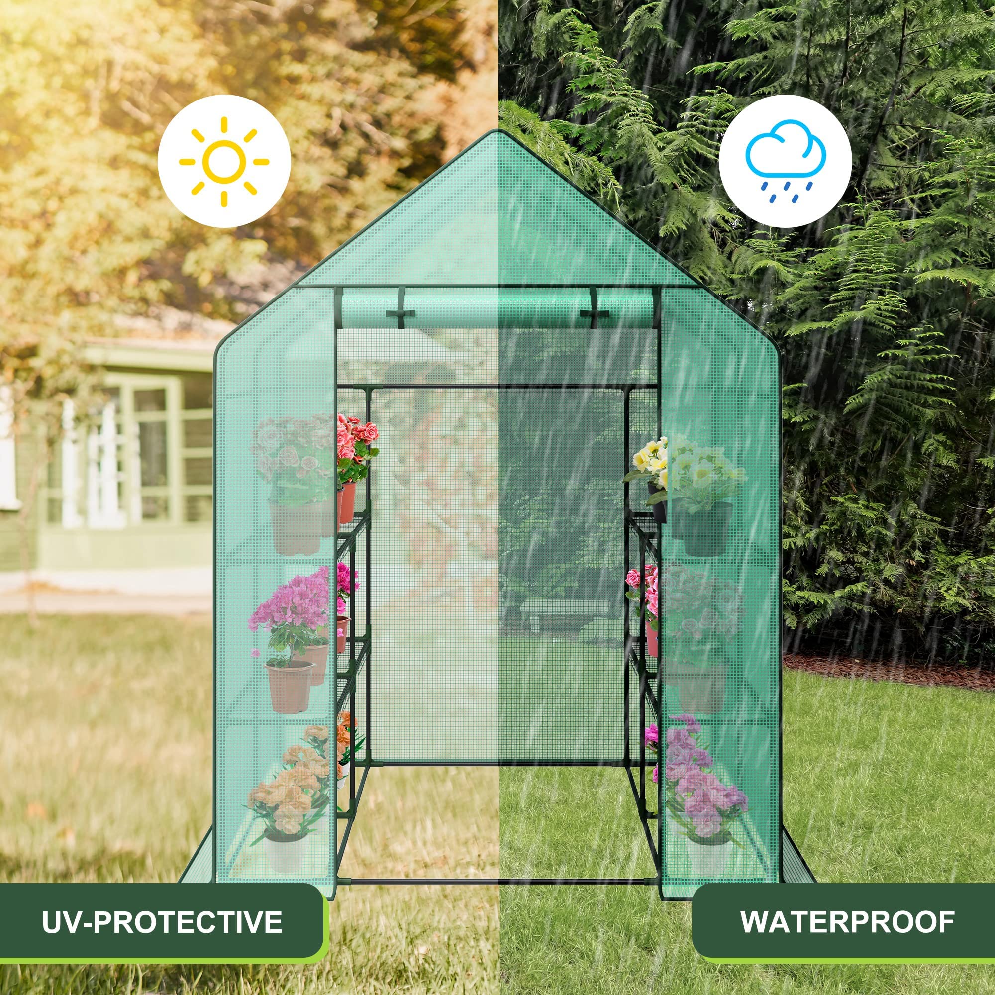 Nova Microdermabrasion Walk-in Greenhouse for Outdoors, 57 x 57 x 77 inch, Portable PE Cover Greenhouse with Anchors and Ropes Indoor Outdoor-3 Tier 8 Wired Shelves Plant Gardening Hot House