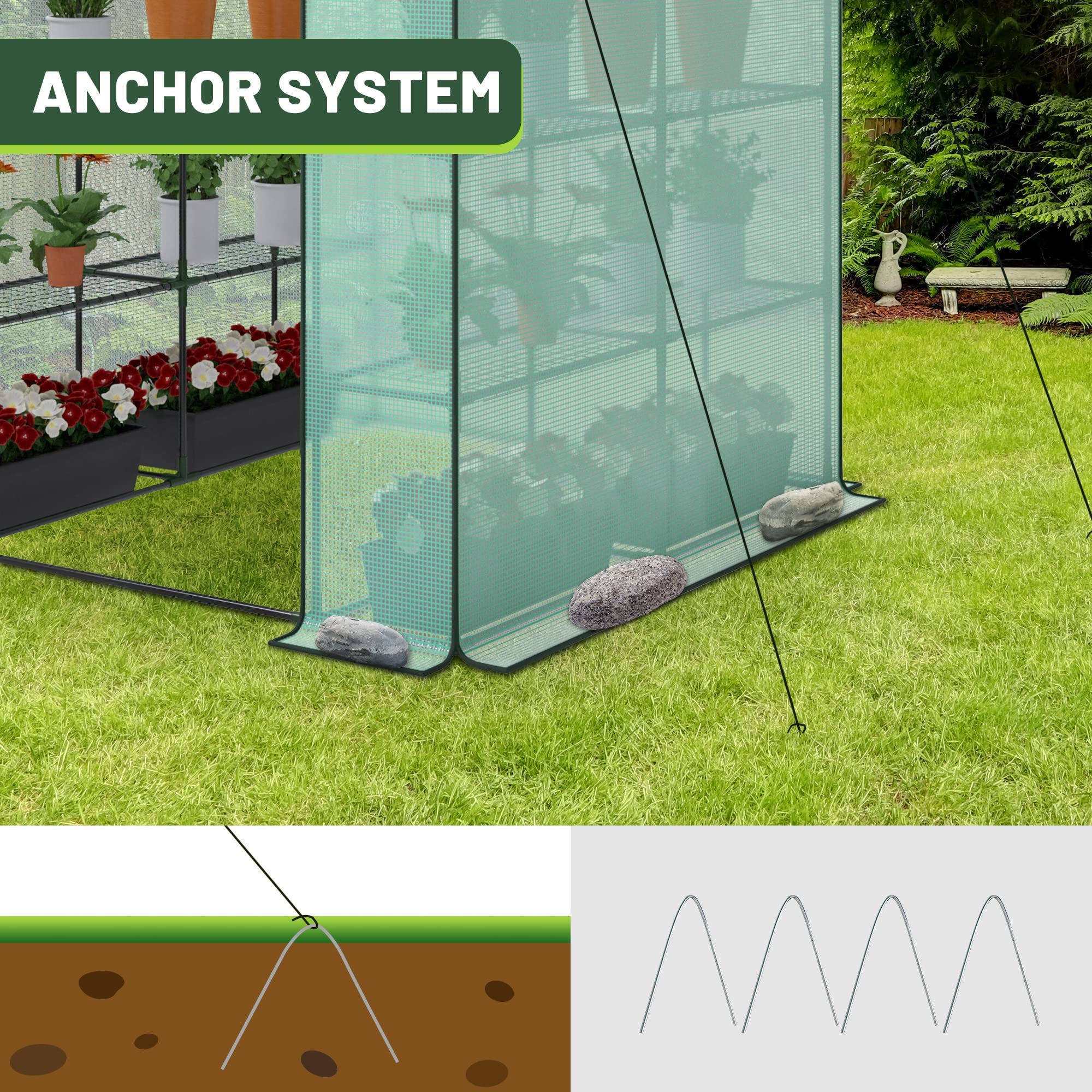 Nova Microdermabrasion Walk-in Greenhouse for Outdoors, 57 x 57 x 77 inch, Portable PE Cover Greenhouse with Anchors and Ropes Indoor Outdoor-3 Tier 8 Wired Shelves Plant Gardening Hot House