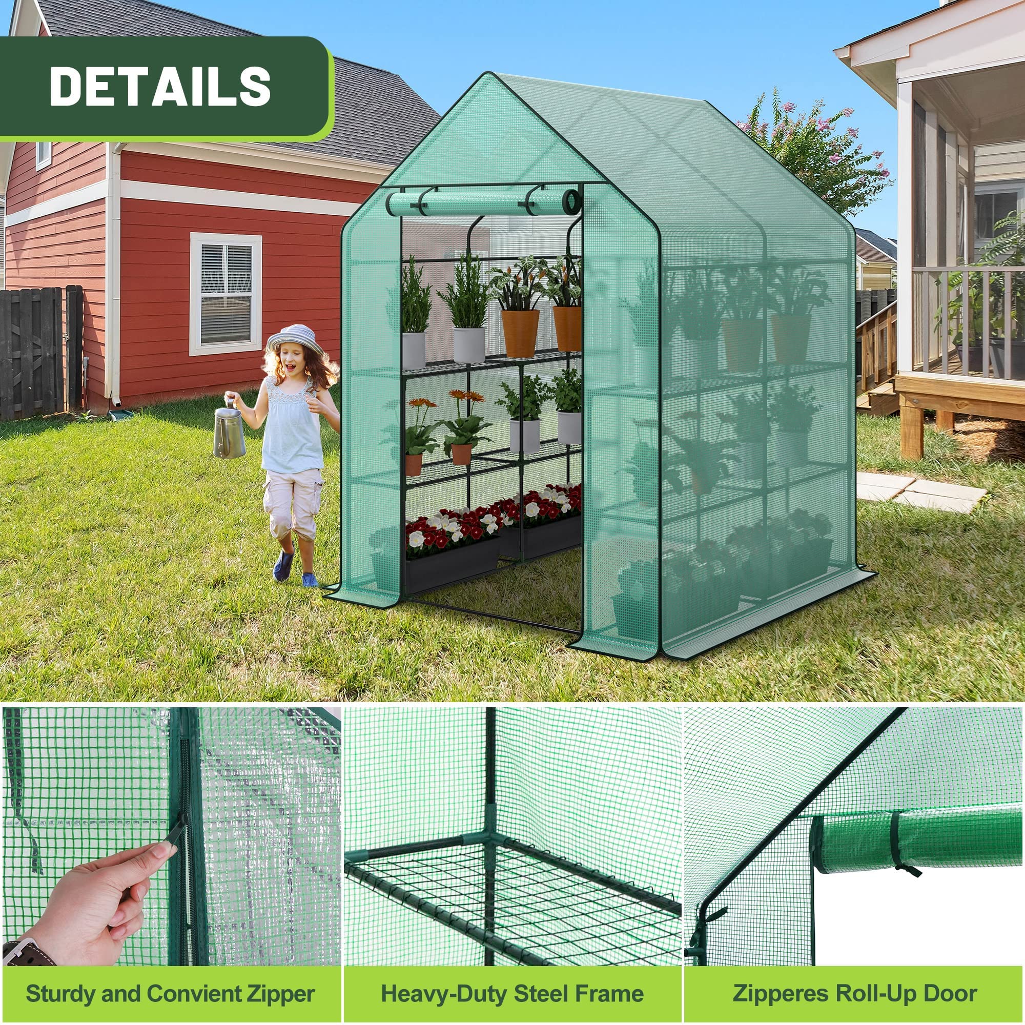 Nova Microdermabrasion Walk-in Greenhouse for Outdoors, 57 x 57 x 77 inch, Portable PE Cover Greenhouse with Anchors and Ropes Indoor Outdoor-3 Tier 8 Wired Shelves Plant Gardening Hot House