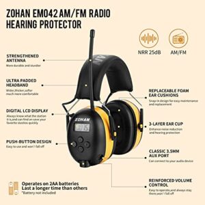 ZOHAN EM042 AM/FM Radio Headphone with Digital Display,Ear Protection Noise Reduction Safety Ear Muffs,Ultra Comfortable Hearing Protector for Lawn Mowing and Landscaping - Yellow