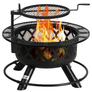bali outdoors wood burning fire pit with quick removable cooking grill, black, 32in