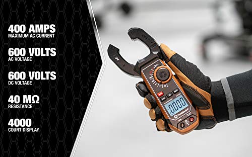 Southwire 21510N clamp meter; third-hand test probe holder; 400A AC current range; CAT III 600V safety rating; built-in non-contact voltage detector; 5 year warranty; Black Brown