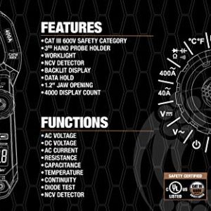 Southwire 21510N clamp meter; third-hand test probe holder; 400A AC current range; CAT III 600V safety rating; built-in non-contact voltage detector; 5 year warranty; Black Brown