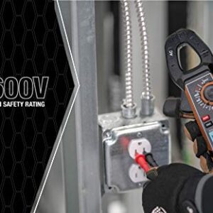 Southwire 21510N clamp meter; third-hand test probe holder; 400A AC current range; CAT III 600V safety rating; built-in non-contact voltage detector; 5 year warranty; Black Brown