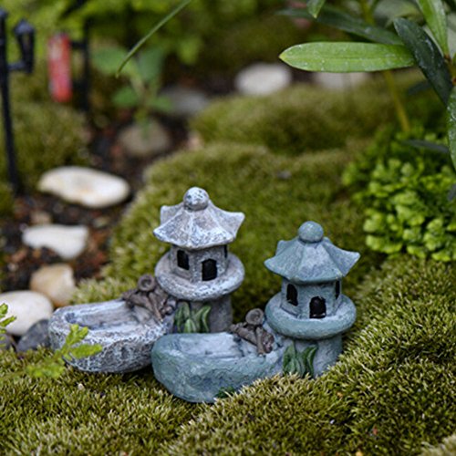 1PC Micro Landscape Miniature Ornaments Mini Retro Pond Tower Craft Fairy Cottage Figurines Toys Pool Resin Decoration for Garden Decor Color Random(4.5x5.5cm)