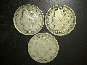 1883 no mint mark to 1912 5c us liberty head (barber) nickels - set of 3 coins - all full liberty - 3 different dates fine and better