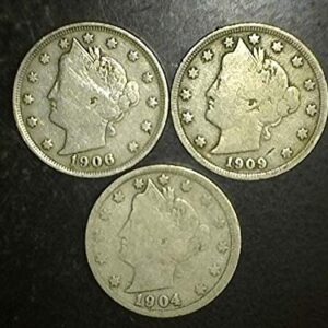 1883 No Mint Mark to 1912 5c US Liberty Head (Barber) Nickels - Set of 3 Coins - All FULL LIBERTY - 3 Different Dates Fine and Better