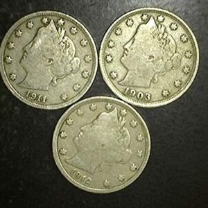 1883 No Mint Mark to 1912 5c US Liberty Head (Barber) Nickels - Set of 3 Coins - All FULL LIBERTY - 3 Different Dates Fine and Better