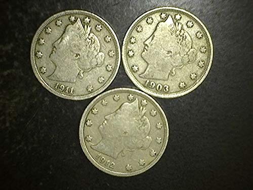 1883 No Mint Mark to 1912 5c US Liberty Head (Barber) Nickels - Set of 3 Coins - All FULL LIBERTY - 3 Different Dates Fine and Better