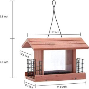 Solution4Patio Homes Garden USA Cedar Bird Feeder Wildbird Essentials Handmade Wooden Outdoor Ranch Patio Yard Tree Hanging with Double Plastic Window and Double Suet Holder Cages Combination #G-8534