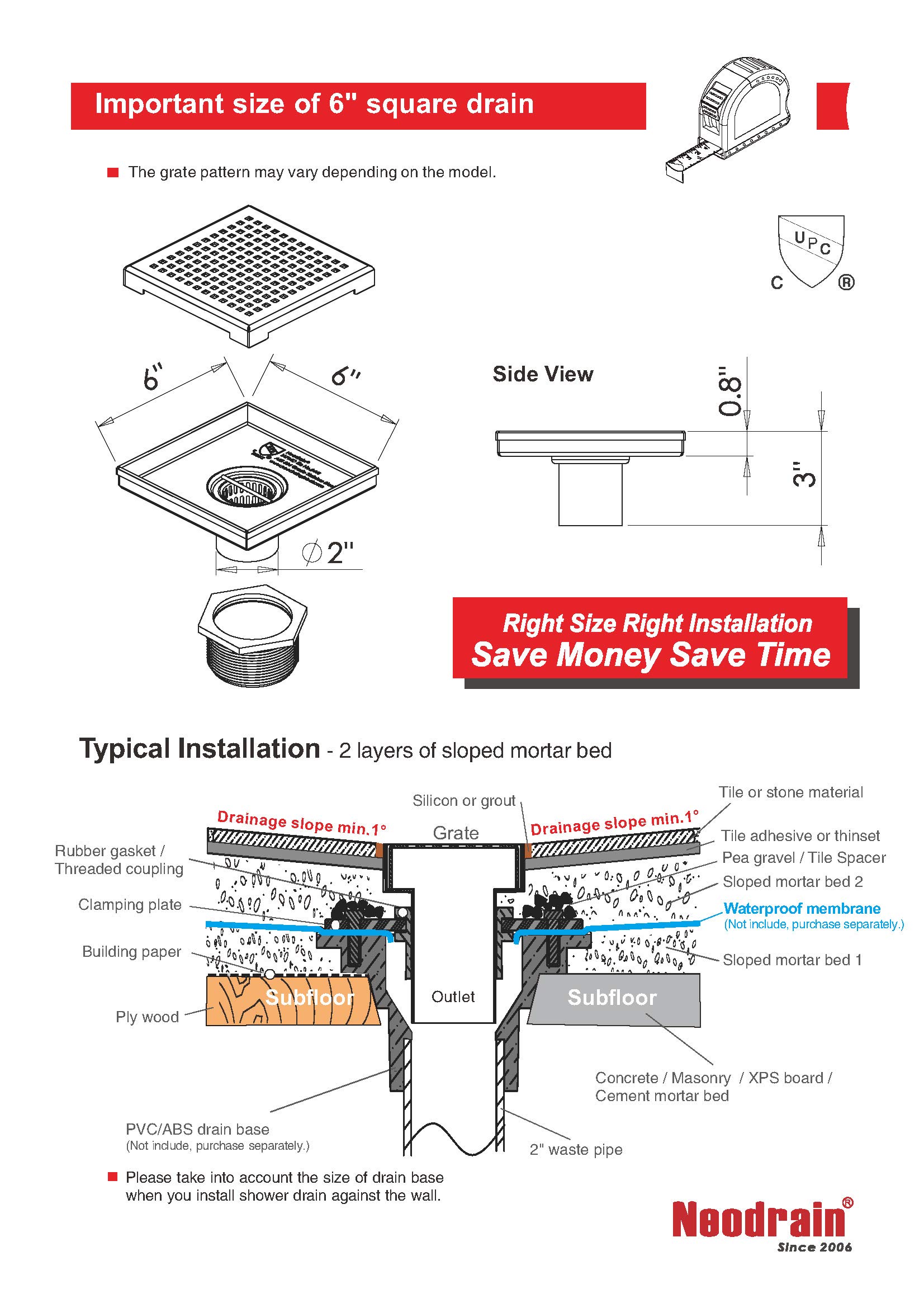 Neodrain 6-Inch Square Shower Drain with Removable Quadrato Pattern Grate,PVC Shower Drain Base and Rubber Gasket for Bathroom Floor Drain, Brushed 304 Stainless Steel, Includes Hair Strainer