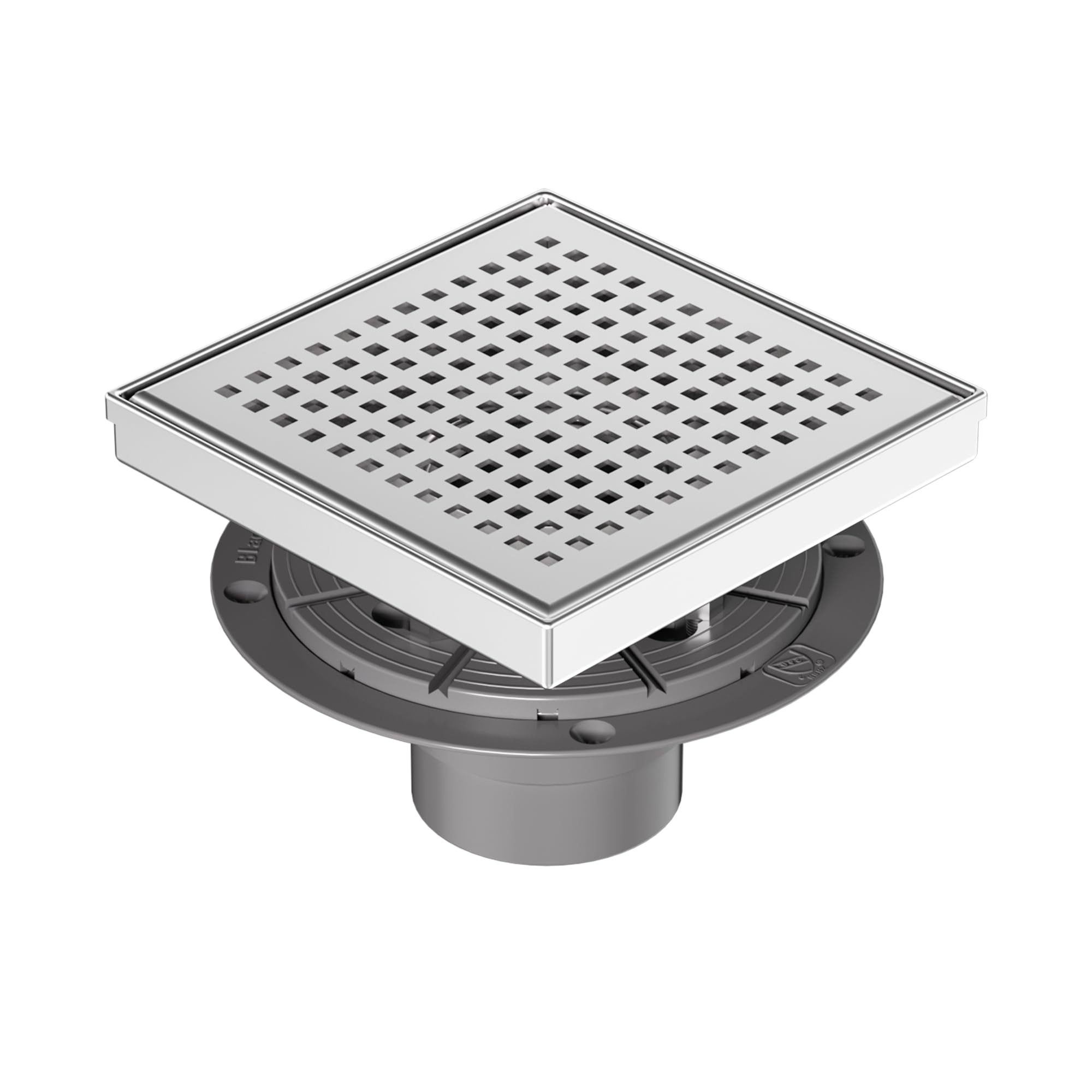 Neodrain 6-Inch Square Shower Drain with Removable Quadrato Pattern Grate,PVC Shower Drain Base and Rubber Gasket for Bathroom Floor Drain, Brushed 304 Stainless Steel, Includes Hair Strainer