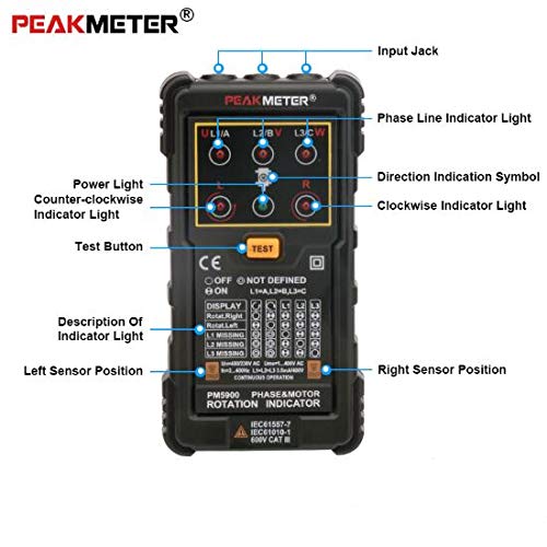 PEAKMETER PM5900 3 Motor Rotation Indicator Meter Sequence Tester Rotary Field Indicator 3 Phase System Motor Testing Multimetro