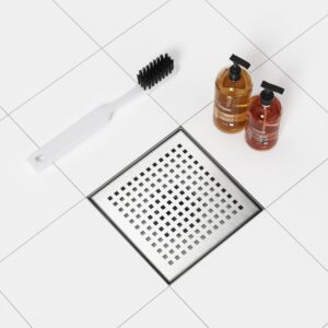 Neodrain 6-Inch Square Shower Drain with Removable Quadrato Pattern Grate,PVC Shower Drain Base and Rubber Gasket for Bathroom Floor Drain, Brushed 304 Stainless Steel, Includes Hair Strainer