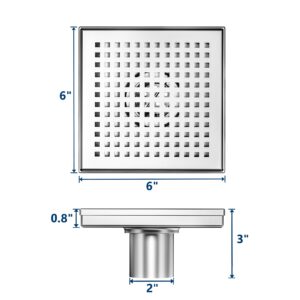Neodrain 6-Inch Square Shower Drain with Removable Quadrato Pattern Grate,PVC Shower Drain Base and Rubber Gasket for Bathroom Floor Drain, Brushed 304 Stainless Steel, Includes Hair Strainer