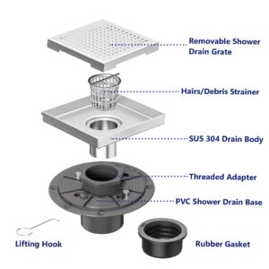 Neodrain 6-Inch Square Shower Drain with Removable Quadrato Pattern Grate,PVC Shower Drain Base and Rubber Gasket for Bathroom Floor Drain, Brushed 304 Stainless Steel, Includes Hair Strainer
