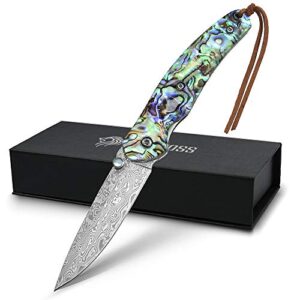nedfoss pocket knife, damascus pocket knife with abalone shell handle, handmade forged damascus steel folding knife with gift box, excellent gifts for men women (a-polar bear)