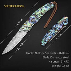 NedFoss Pocket Knife, Damascus Pocket Knife with Abalone Shell Handle, Handmade Forged Damascus Steel Folding Knife with Gift Box, Excellent Gifts for Men Women (A-Polar Bear)