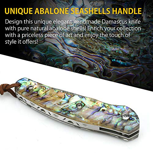 NedFoss Pocket Knife, Damascus Pocket Knife with Abalone Shell Handle, Handmade Forged Damascus Steel Folding Knife with Gift Box, Excellent Gifts for Men Women (A-Polar Bear)