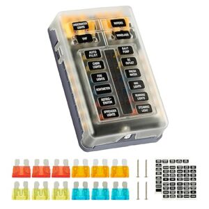 soyond 12v fuse block, 12 way marine fuse block with led indicator damp-proof cover 12 circuits fuse box with negative bus fuse panel for car boat rv truck dc 12/24v