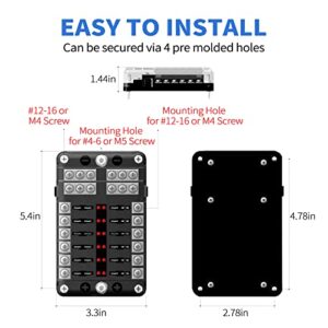 SOYOND 12v Fuse Block, 12 Way Marine Fuse Block with Led Indicator Damp-Proof Cover 12 Circuits Fuse Box with Negative Bus Fuse Panel for Car Boat RV Truck Dc 12/24v