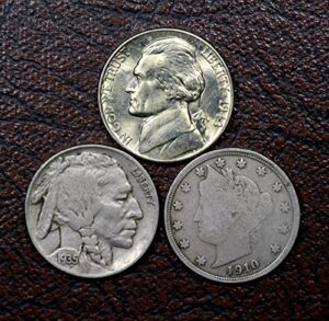 old u.s. nickels 3 coin collection set - liberty head nickel, buffalo nickel, jefferson silver war nickel